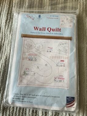 Campground Wall Quilt Kit - Stamped Cross Stitch (Red & Pink Accents)